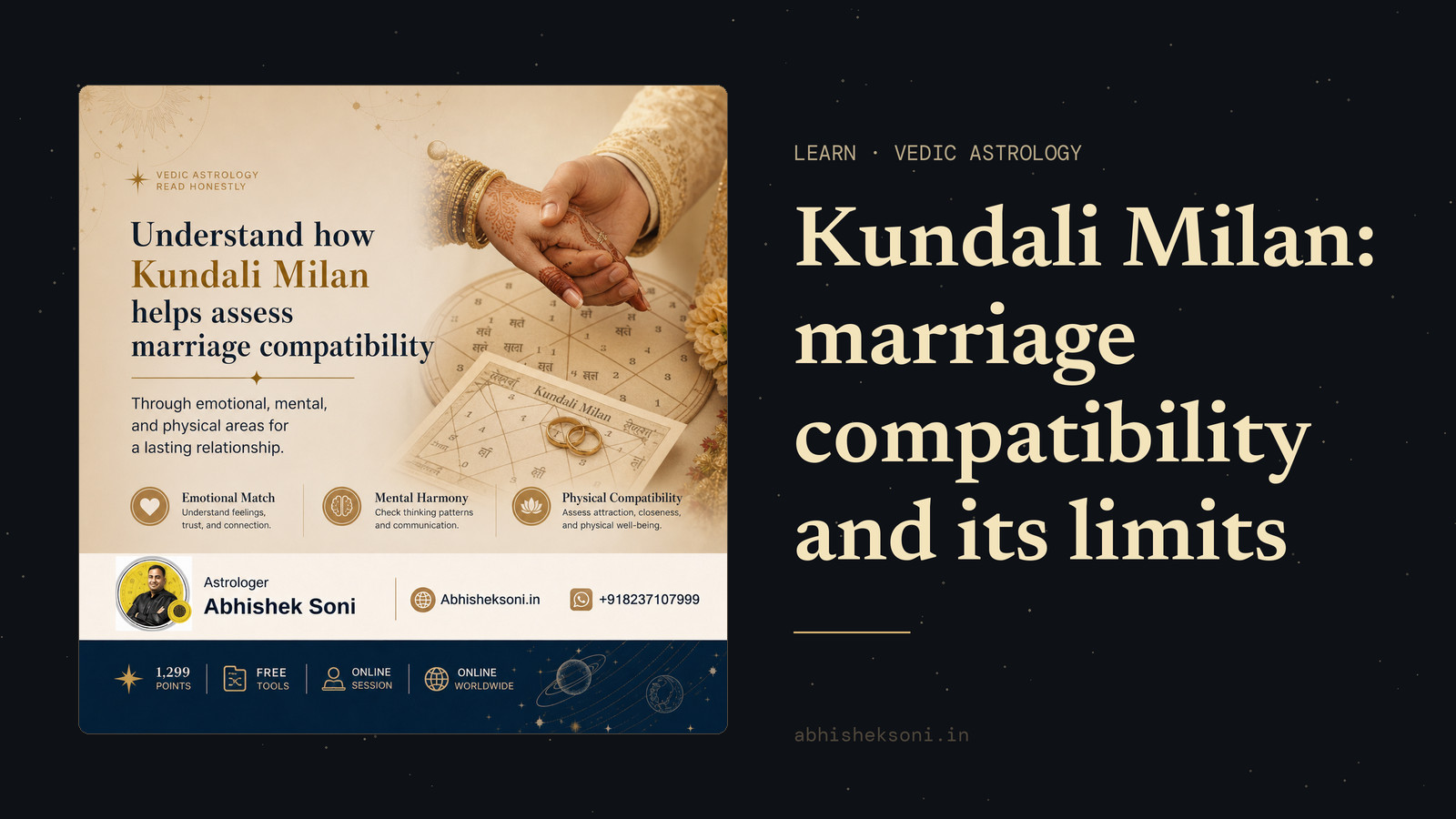 Two hands clasped over a Kundali Milan chart with a pair of gold rings, beside the words Understand how Kundali Milan helps assess marriage compatibility