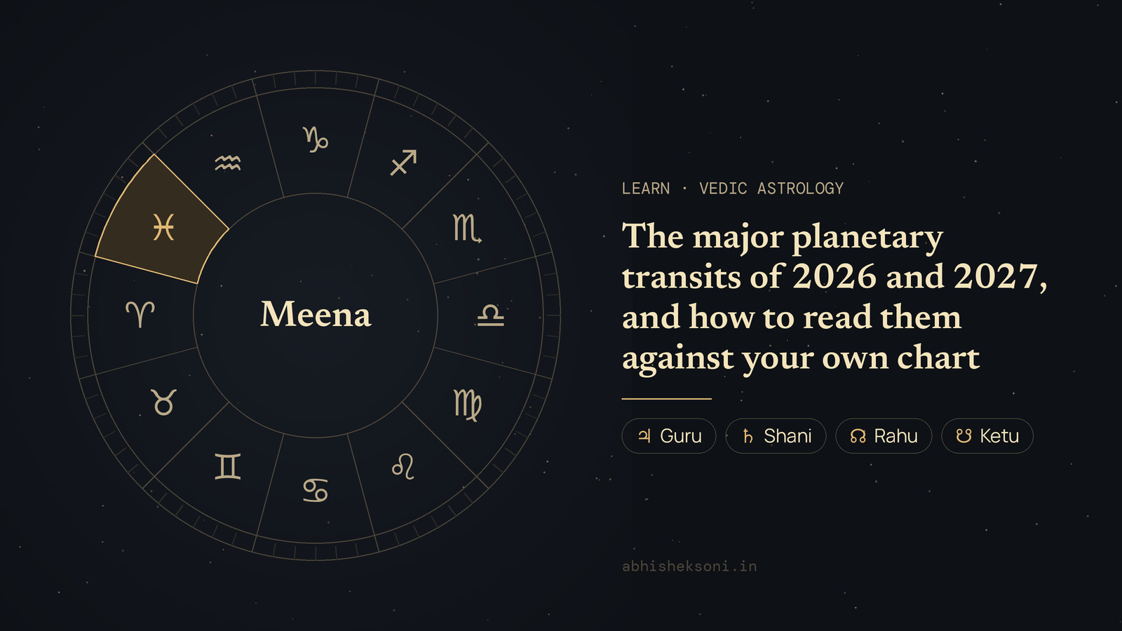 The major planetary transits of 2026 and 2027, and how to read them against your own chart: the wheel of twelve rashis with Meena marked