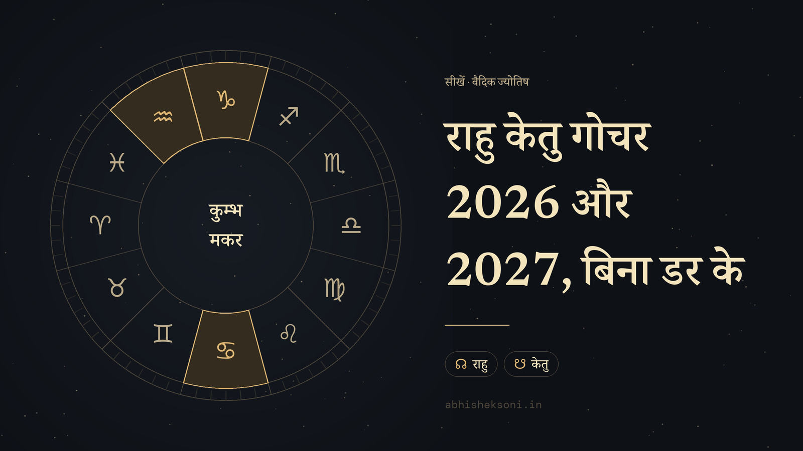 राहु केतु गोचर 2026 और 2027, बिना डर के: बारह राशियों का चक्र, जिसमें कुम्भ, मकर और कर्क चिह्नित है