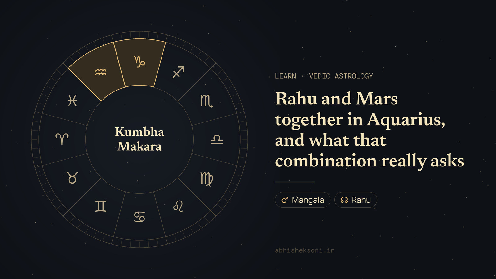 Rahu and Mars together in Aquarius, and what that combination really asks: the wheel of twelve rashis with Kumbha and Makara marked