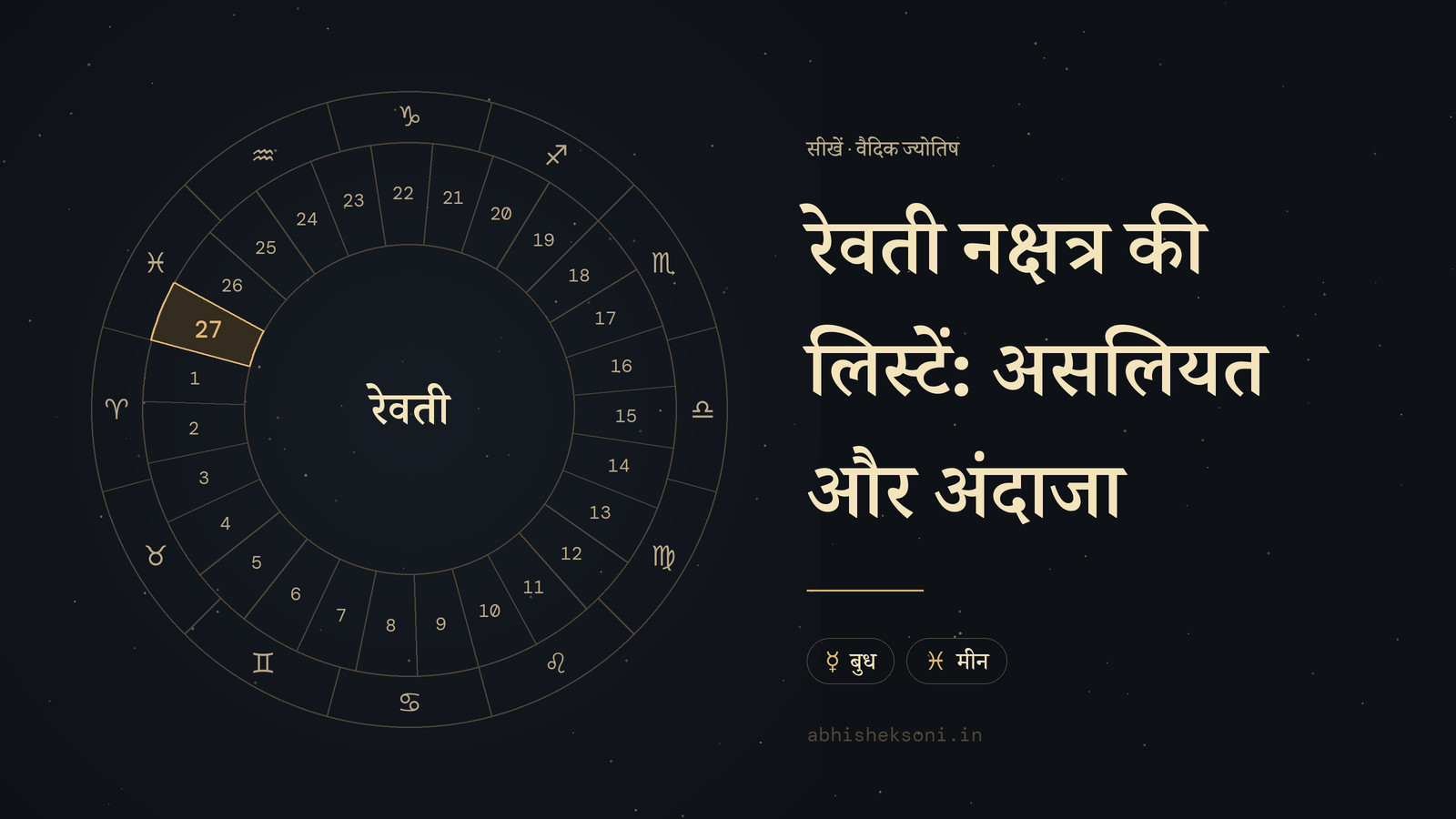 रेवती नक्षत्र की लिस्टें: असलियत और अंदाजा: 27 नक्षत्रों का चक्र, जिसमें रेवती चिह्नित है
