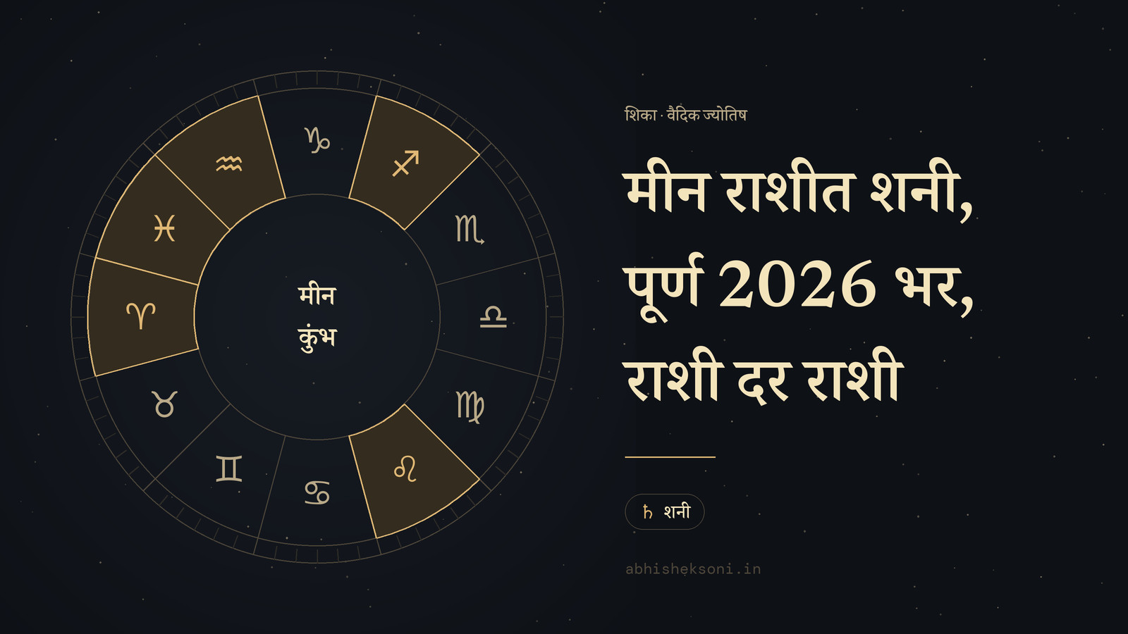 मीन राशीत शनी, पूर्ण 2026 भर, राशी दर राशी: बारा राशींचे चक्र, ज्यात मीन, कुंभ, मेष, धनु आणि सिंह चिन्हांकित आहे