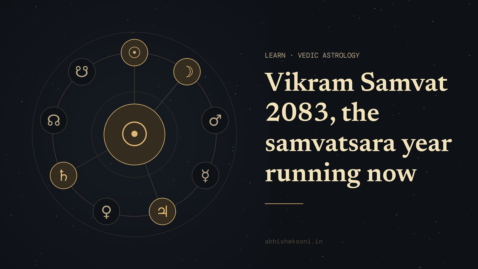 Vikram Samvat 2083, the samvatsara year running now: the nine grahas with Surya, Chandra, Guru and Shani marked